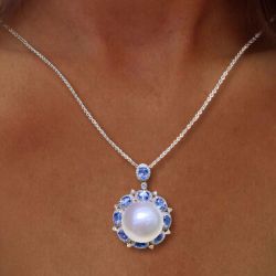 Fancy Halo Round Cut Pearl Pendant Necklace