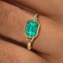 Golden Three Stone Emerald Sapphire Engagement Ring