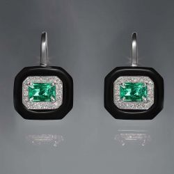 Two Tone Double Halo Emerald Cut Emerald Sapphire Drop Earrings