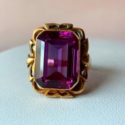 Antique Gold Emerald Cut Amethyst Sapphire Engagement Ring