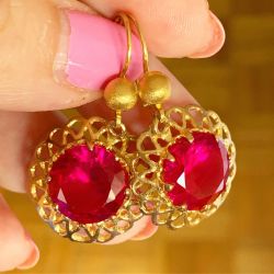 Antique Golden Round Cut Ruby Sapphire Drop Earrings