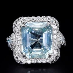 Halo Emerald Cut Aquamarine Sapphire Engagement Ring