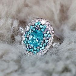 Two Tone Halo Oval Cut Aquamarine Sapphire Engagement Ring