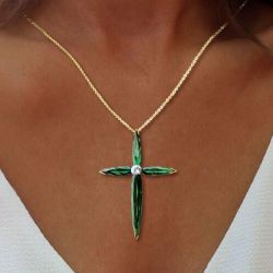 Elegant Golden Pear Cut Emerald Sapphire Cross Pendant Necklace