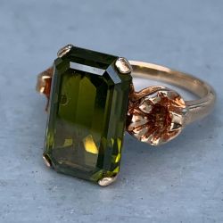 Retro Golden Emerald Cut Olive Green Sapphire Engagement Ring