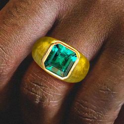 Solitaire Golden Bezel Asscher Cut Emerald Sapphire Ring For Men