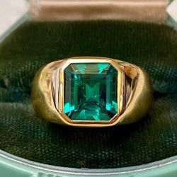 Solitaire Golden Bezel Asscher Cut Emerald Sapphire Men's Ring