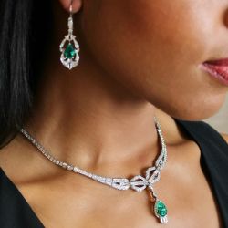 Pear Cut Emerald Sapphire Pendant Necklace & Drop Earrings Sets