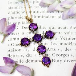 Antique Golden Round Cut Amethyst Sapphire Cross Pendant Necklace