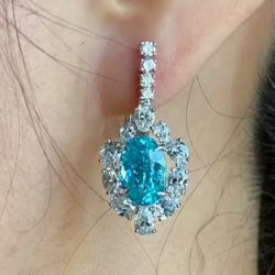 Halo Oval Cut Blue Sapphire Drop Earrings