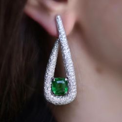 Pave Setting Cushion Cut Emerald Sapphire Drop Earrings