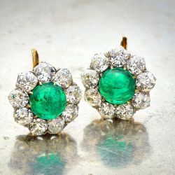Two Tone Cabochon Round Cut Emerald Sapphire Drop Earrings