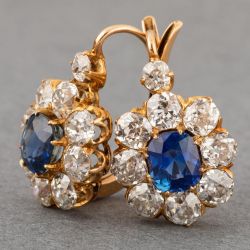 Vintage Golden Halo Cushion Cut Blue Sapphire Drop Earrings