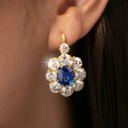 Vintage Golden Halo Cushion Cut Blue Sapphire Drop Earrings