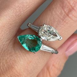 Vintage Pear Cut Emerald & White Sapphire Engagement Ring