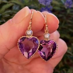 Golden Heart Cut Pearl & Amethyst Sapphire Drop Earrings