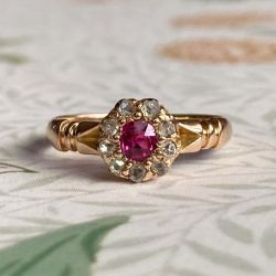 Vintage Golden Halo Cushion Cut Ruby Sapphire Engagement Ring