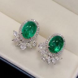 Elegant Halo Oval Cut Emerald Sapphire Stud Earrings