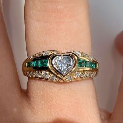 Golden Heart Cut Emerald & White Sapphire Engagement Ring