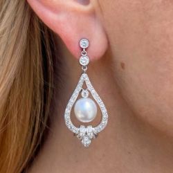 Vintage Halo Round Cut Pearl & White Sapphire Drop Earrings