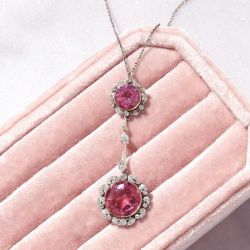 Antique Two Tone Halo Round Cut Pink Sapphire Pendant Necklace