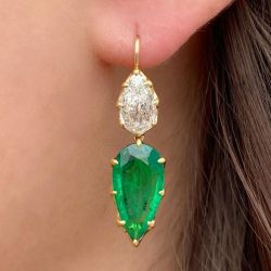 Golden Elegant Pear Cut Emerald & White Sapphire Drop Earrings
