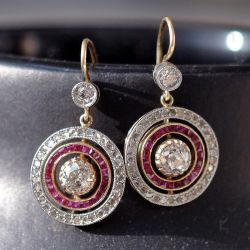 Two Tone Halo Round Cut Ruby Sapphire Drop Earrings