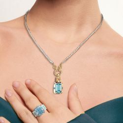 Emerald & Radiant Cut Blue Sapphire Pendant Necklace & Engagement Ring Sets