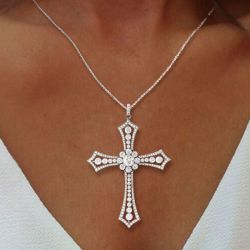 Vintage Round Cut White Sapphire Cross Pendant Necklace For Women
