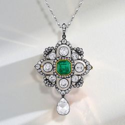 Vintage Two Tone Asscher Cut Emerald Sapphire Pendant Necklace