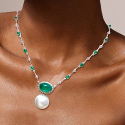 Elegant Oval Cut Pearl & Emerald Sapphire Pendant Necklace