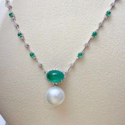 Elegant Oval Cut Pearl & Emerald Sapphire Pendant Necklace