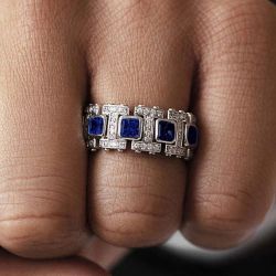 Unique Design Radiant Cut Blue Sapphire Wedding Band For Men