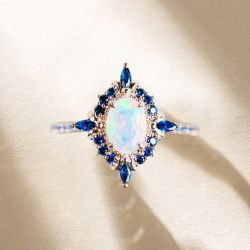 Rose Gold Halo Oval Cut Opal & Blue Sapphire Engagement Ring For Women