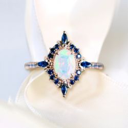 Rose Gold Halo Oval Cut Opal & Blue Sapphire Engagement Ring For Women