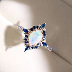 Rose Gold Halo Oval Cut Opal & Blue Sapphire Engagement Ring For Women