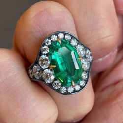 Two Tone Halo Emerald Cut Emerald Sapphire Engagement Ring
