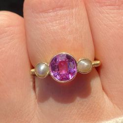 Vintage Golden Round Cut Pearl & Pink Sapphire Engagement Ring