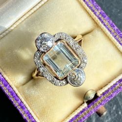 Two Tone Art Deco Emerald Cut Aquamarine Engagement Ring