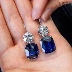 Rare Cushion & Round Cut Blue Sapphire Drop Earrings