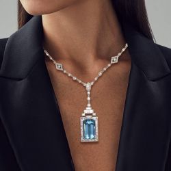 Art Deco Halo Emerald Cut Aquamarine Sapphire Pendant Necklace For Women 