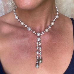 Elegant Asscher Cut Pearl & White Sapphire Two Pendant Necklace