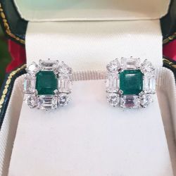 Stunning Halo Emerald Cut Emerald Sapphire Stud Earrings