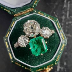 Two Tone Round & Cushion Cut Emerald Sapphire Engagement Ring