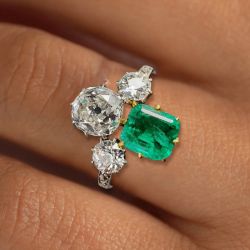 Two Tone Round & Cushion Cut Emerald Sapphire Engagement Ring