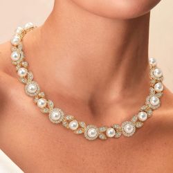 Golden Pearl Floral Garland Cluster Collar Necklace Bridal Jewelry For Women 