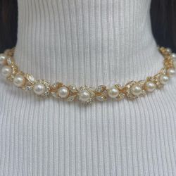 Golden Pearl Floral Garland Cluster Collar Necklace