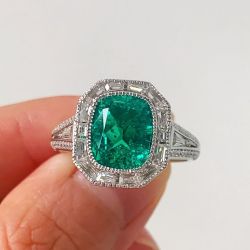 Art Deco Halo Cushion Cut Emerald Sapphire Engagement Ring