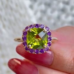 Golden Halo Cushion Cut Peridot Sapphire Engagement Ring