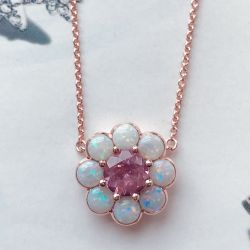 Rose Gold Round Cut Opal & Pink Sapphire Pendant Necklace